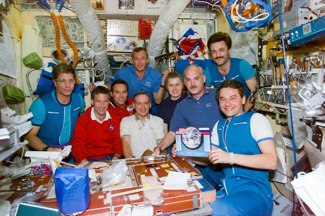 NASA image: STS-79 and Mir 22 gift exchange ceremony
