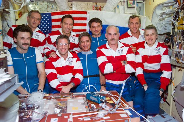NASA image: Joint STS-79 & Mir 22 crew in-flight portrait