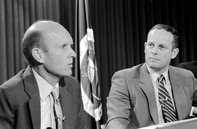 NASA image: Astronauts Jack R. Lousma, right, and C. Gordon Fullerton greet the press