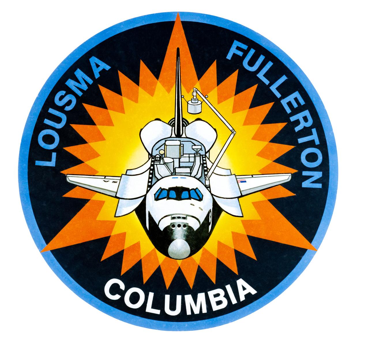 S82-26315 (4 Feb. 1982) --- This is the insignia for NASA's third flight (STS-3) of the Space Transportation System's (STS) Columbia, depicted in the middle of the blue sphere against the background of the sun. The Columbia's tail, nose, and top will each be pointed at the sun for long periods to test its thermal response to extremes of temperatures. The three prominent rays represent the third STS flight. The surnames of astronauts Jack R. Lousma, commander, and C. Gordon Fullerton, pilot, flank the vehicle, and the name Columbia appears at the bottom. The spacecraft's payload bay doors are open, and the Remote Manipulator System (RMS) arm with an experimental payload is extended as it will be on several occasions during the actual flight, scheduled for spring of this year. The artwork was accomplished by space artist Robert C. McCall of Paradise Valley, Arizona.     The NASA insignia design for space shuttle flights is reserved for use by the astronauts and for other official use as the NASA Administrator may authorize. Public availability has been approved only in the forms of illustrations by the various news media. When and if there is any change in this policy, which is not anticipated, the change will be publicly announced. Photo credit: NASA