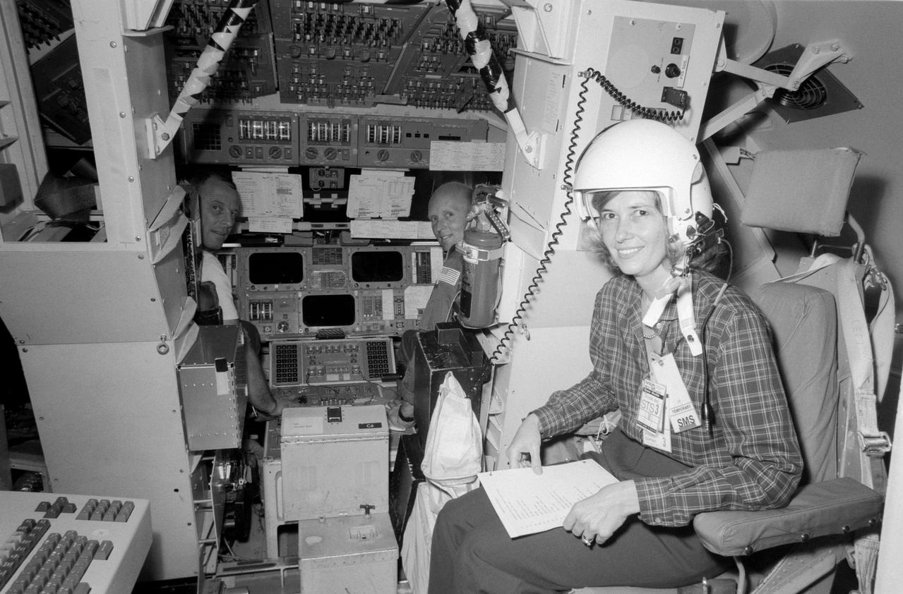 S82-28535 (16 March 1982) --- One of the more pleasant surprises of what are usually routine training sessions today was Mrs. Marie Fullerton, seated in the foreground in a special chair. Astronauts Jack R. Lousma, left background, and C. Gordon Fullerton, center, take a brief break in their simulation session to look back toward their visitor, wife of the pilot for NASA?s next flight. They are in the shuttle mission simulator (SMS) in the LBJ Space Center?s mission simulation and training facility. The crew is in training for its scheduled March 22 launch aboard the space shuttle Columbia for a week?s stay in Earth orbit. Photo credit: NASA