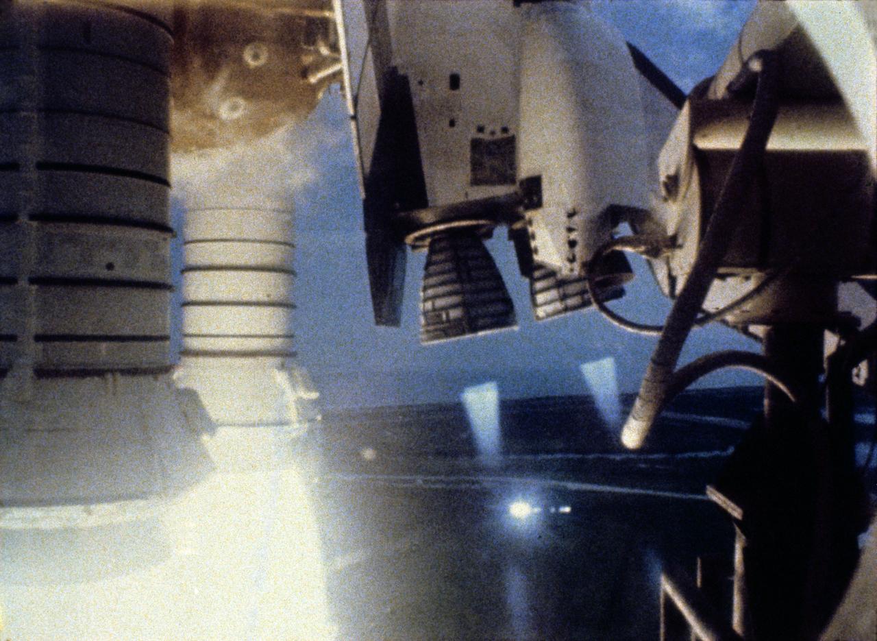 S82-28757 (22 March 1982) --- This close-up view featuring the space shuttle Columbia?s main engines and solid rocket boosters (SRB) was captured on video during the launch sequence for the STS-3 mission from NASA's Kennedy Space Center (KSC). Onboard were astronauts Jack R. Lousma, commander; and C. Gordon Fullerton, pilot. Photo credit: NASA