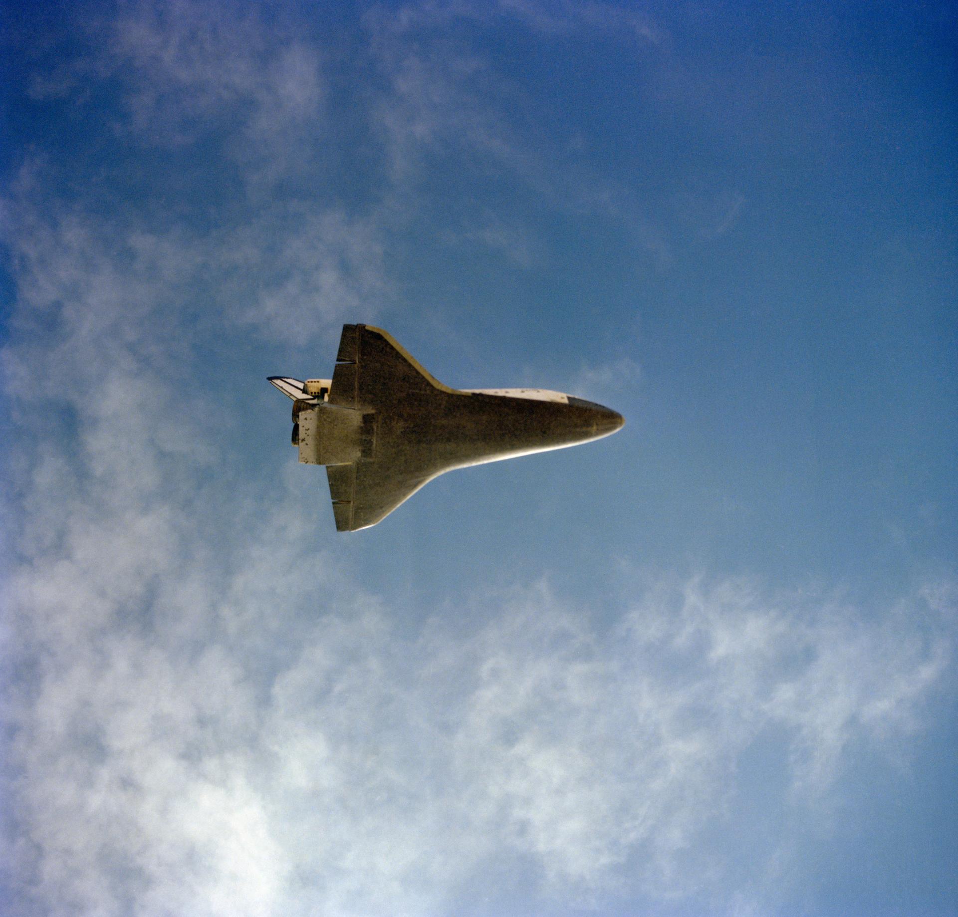 View from below of the Space Shuttle landing at White Sands Space Harbor