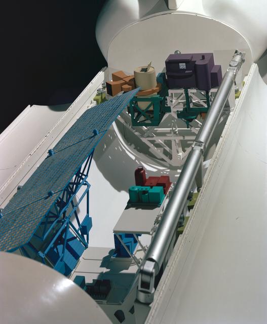 NASA image: Model showing OSTA-3 and other payloads in the shuttle orbiter cargo bay