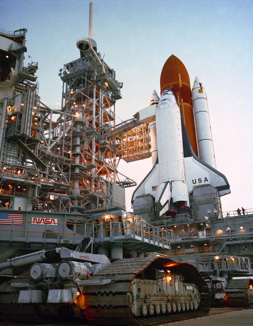S89-41096 (15 July 1989) --- The space shuttle Columbia was rolled to Launch Pad 39B on July 15 in preparation for its September 1989 Department of Defense (DOD)-devoted mission.