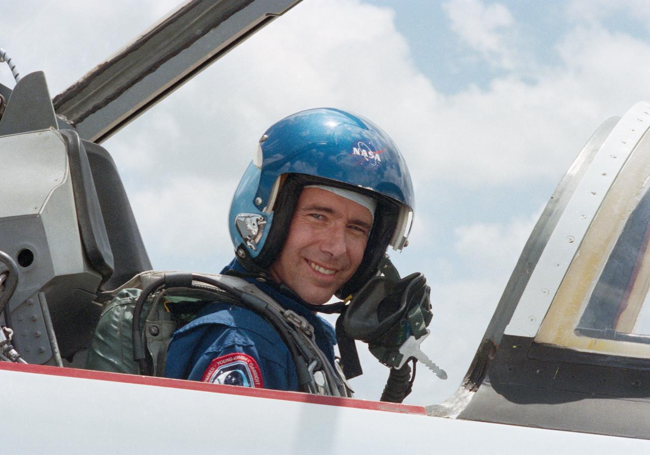 STS-28 Columbia, Orbiter Vehicle (OV) 102, Commander Brewster H. Shaw, wearing navy blue flight coveralls and helmet, sits in T-38A forward cockpit. Shaw, along with his fellow crewmembers, is preparing for departure from Ellington Field to Kennedy Space Center (KSC). STS-28, a Department of Defense (DOD) dedicated mission, is scheduled for launch on 08-08-89.