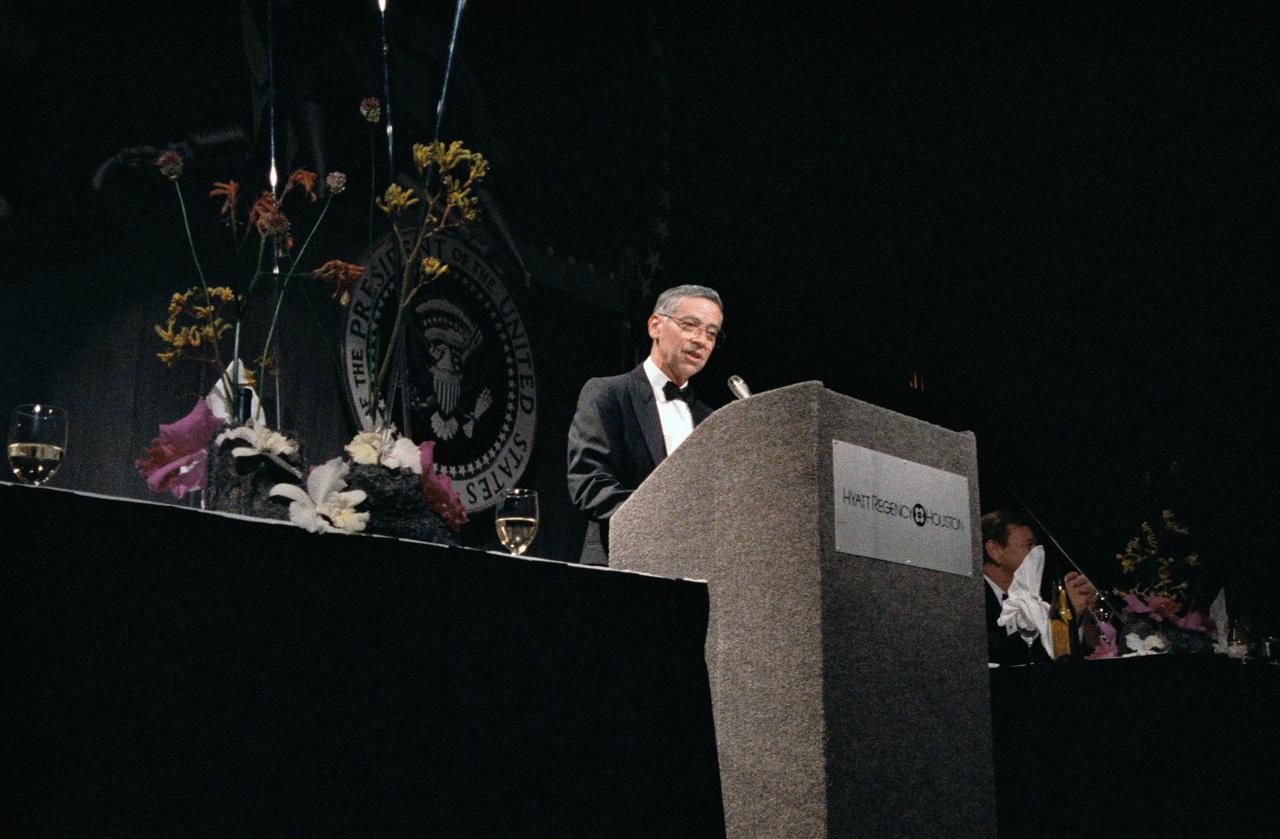 Aaron Cohen speaks at the Apollo 11 Twentieth Anniversary Gala Event at the downtown Houston Hyatt Regency Hotel.