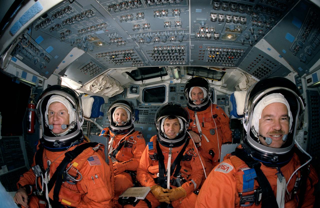 S89-51626 (18 Dec 1989) --- The astronaut crewmembers of the STS-36 mission occupy the flight deck of the crew compartment trainer in the Johnson Space Center's Space Shuttle mockup and integration laboratory.  They are, left to right, Astronauts John H. Casper, pilot; Pierre J. Thuot, David C. Hilmers and Richard M. (Mike) Mullane, mission specialists; and John O. Creighton, mission commander.  Mullane will be stationed on the mid deck for launch, while Thuot will man that position during entry.  The photograph was made by William H. Bowers, crew photo instructor.