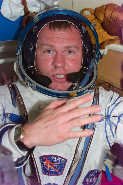 NASA image: MS Thomas wears a Sokol spacesuit on the Mir Space Station