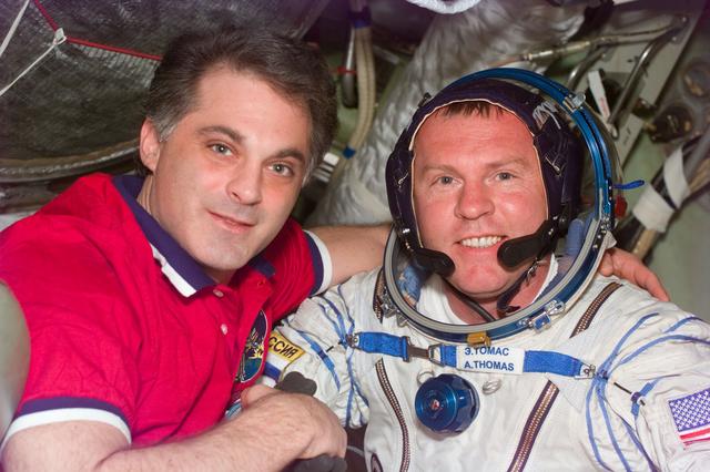 NASA image: MS Thomas wears a Sokol spacesuit on the Mir Space Station