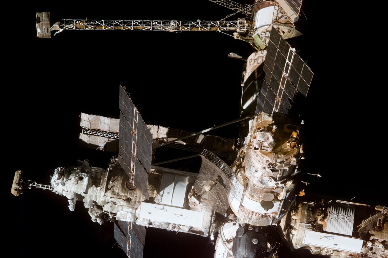 S89-E-5385 (29 Jan 1998) --- This Electronic Still Camera (ESC) image shows most of the elements of Russia's Mir Space Station. The view taken from onboard the Space Shuttle Endeavour during relative separation of the two spacecraft following undocking operations.  Thus ending the eighth Shuttle/Mir joint docking mission.  This ESC view was taken on January 29, 1998, at 14:36:19 MET.