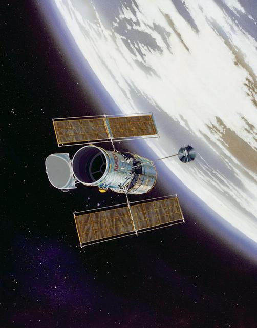 NASA image: Artist concept of Hubble Space Telescope (HST) orbiting Earth after deploy