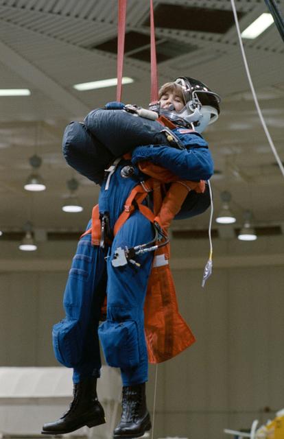 NASA image: STS-37 MS Linda M. Godwin during water egress exercise in JSC's WETF Bldg 29