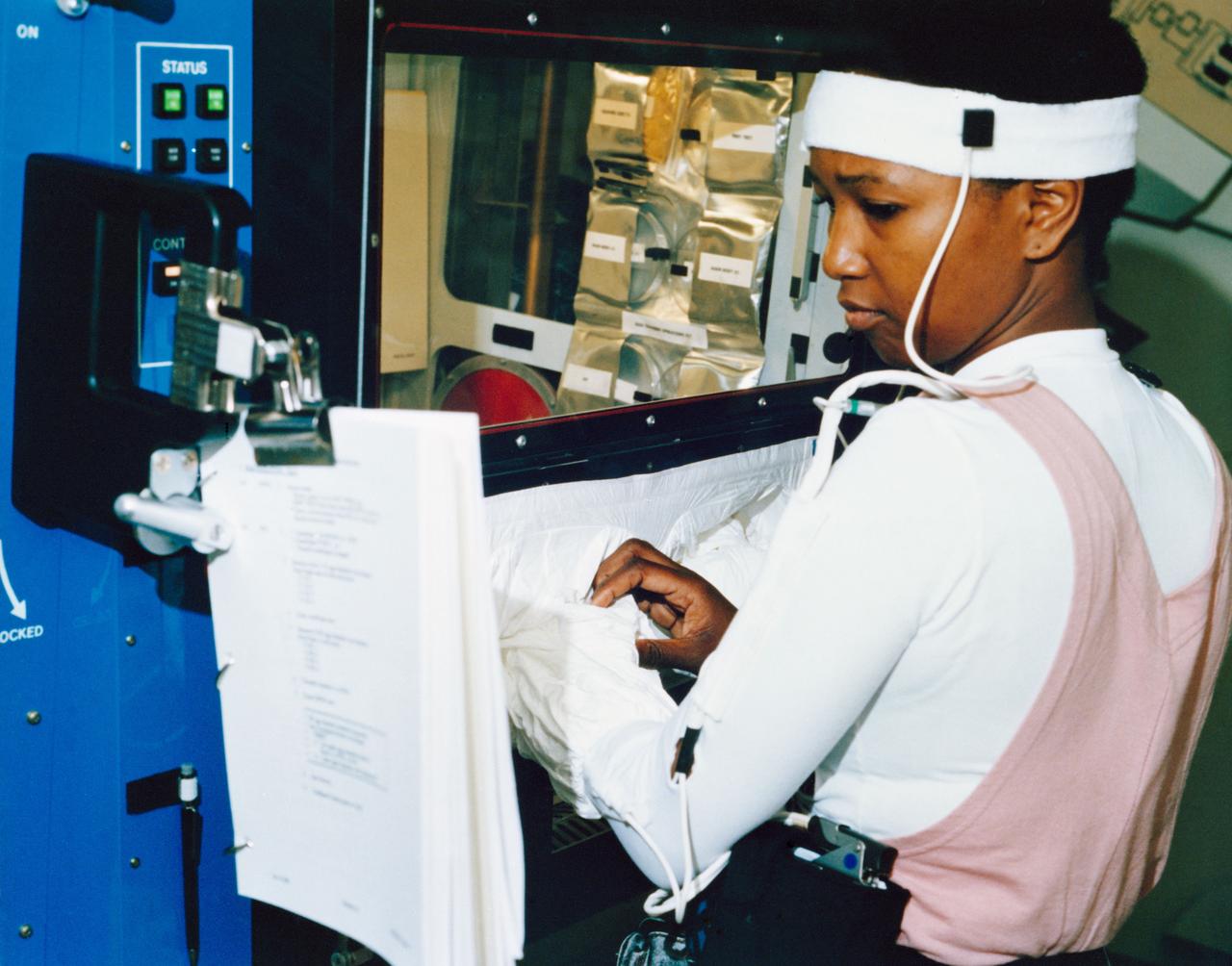 S92-45761 --- Astronaut Mae C. Jemison, mission specialist for the STS-47 mission, participates in a training exercise at the Johnson Space Center. Photo credit: NASA