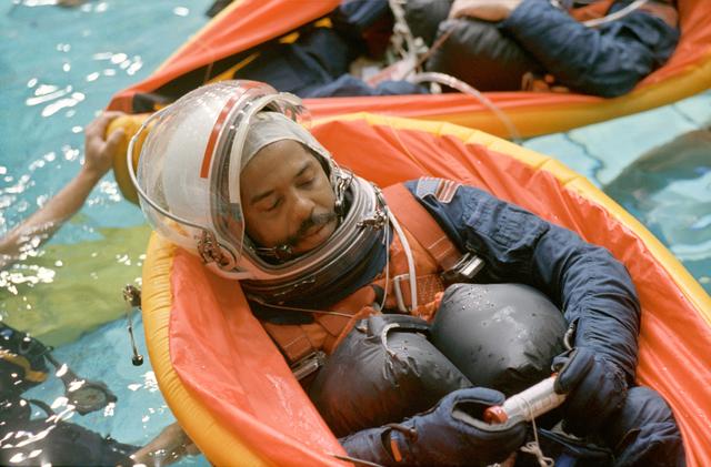 NASA image: Astronaut Bernard Harris in life raft during WETF training