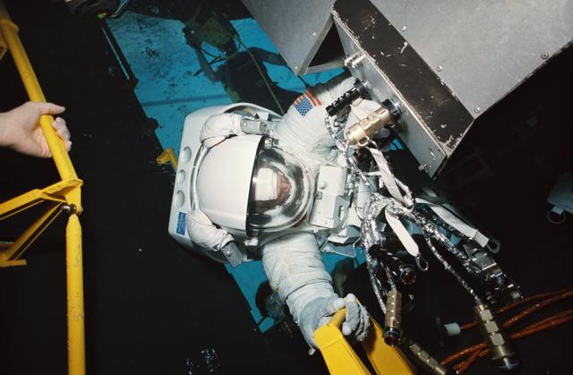 NASA image: STS-61 crewmembers in the WETF rehearsing for HST repair mission