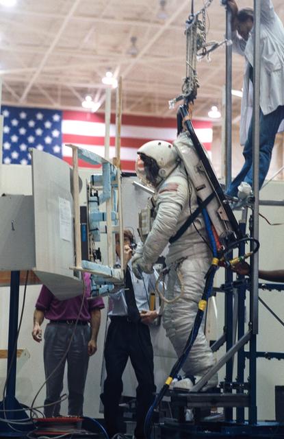 NASA image: STS-61 air-bearing floor training in bldg 9N with Astronaut Jeff Hoffman