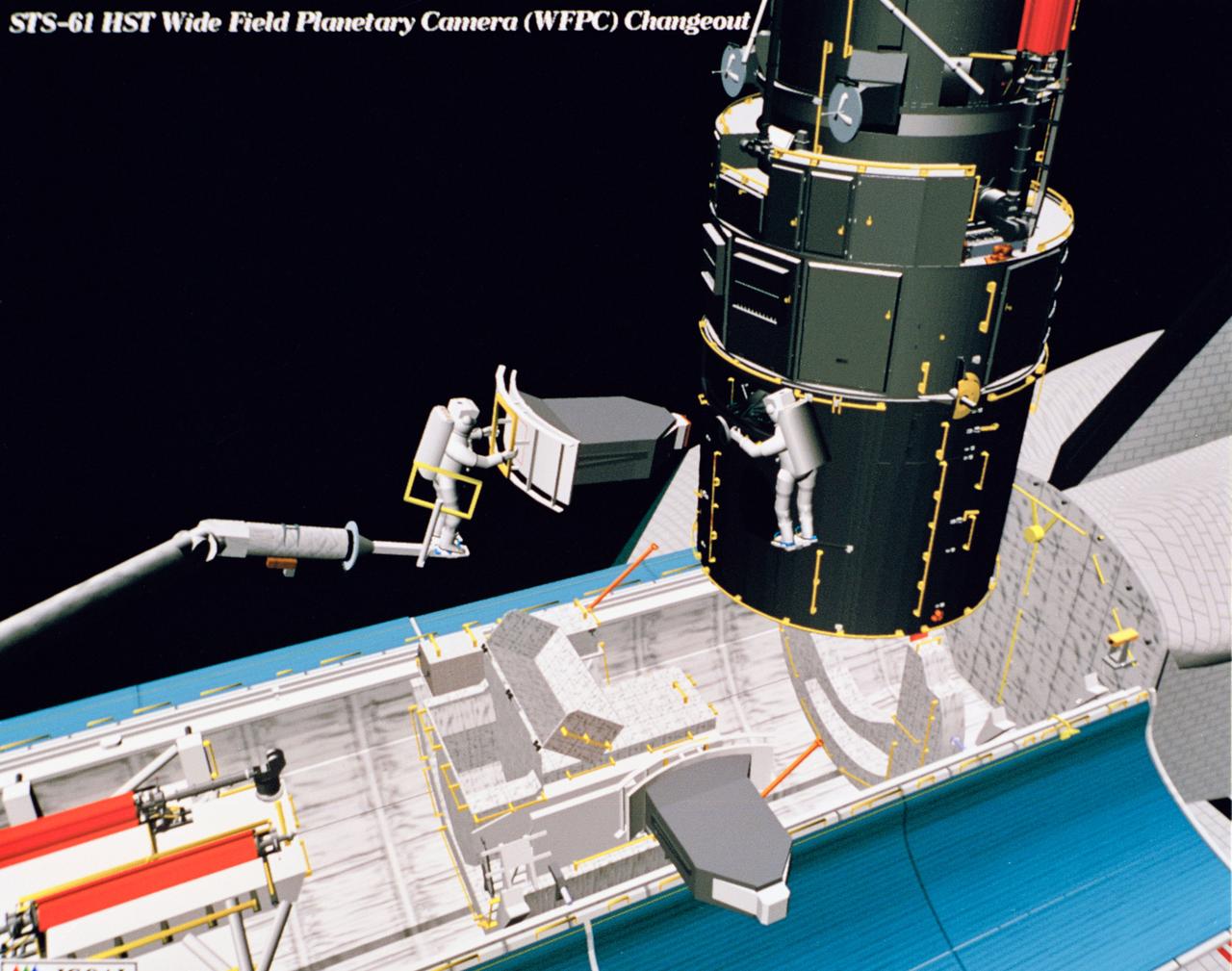 Computer generated scenes depicting the Hubble Space Telescope capture and a sequence of planned events on the planned extravehicular activity (EVA). Scenes include the Remote Manipulator System (RMS) arm assisting two astronauts changing out the Wide Field/Planetary Camera (WF/PC) (48699); RMS arm assisting in the temporary mating of the orbiting telescope to the flight support system in Endeavour's cargo bay (48700); Endeavour's RMS arm assisting in the "capture" of the orbiting telescope (48701); Two astronauts changing out the telescope's coprocessor (48702); RMS arm assistign two astronauts replacing one of the telescope's electronic control units (48703); RMS assisting two astronauts replacing the fuse plugs on the telescope's Power Distribution Unit (PDU) (48704); The telescope's High Resolution Spectrograph (HRS) kit is depicted in this scene (48705); Two astronauts during the removal of the high speed photometer and the installation of the COSTAR instrument (48706); Two astronauts, standing on the RMS, during installation of one of the Magnetic Sensing System (MSS) (48707); High angle view of the orbiting Space Shuttle Endeavour with its cargo bay doors open, revealing the bay's pre-capture configuration. Seen are, from the left, the Solar Array Carrier, the ORU Carrier and the flight support system (48708); Two astronauts performing the replacement of HST's Rate Sensor Units (RSU) (48709); The RMS arm assisting two astronauts with the replacement of the telescope's solar array panels (48710); Two astronauts replacing the telescope's Solar Array Drive Electronics (SADE) (48711).