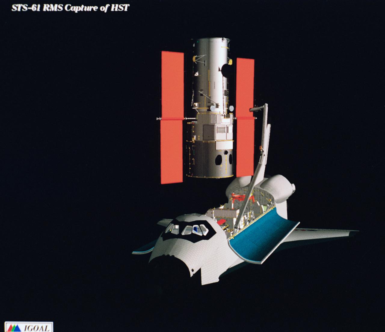 Computer generated scenes depicting the Hubble Space Telescope capture and a sequence of planned events on the planned extravehicular activity (EVA). Scenes include the Remote Manipulator System (RMS) arm assisting two astronauts changing out the Wide Field/Planetary Camera (WF/PC) (48699); RMS arm assisting in the temporary mating of the orbiting telescope to the flight support system in Endeavour's cargo bay (48700); Endeavour's RMS arm assisting in the "capture" of the orbiting telescope (48701); Two astronauts changing out the telescope's coprocessor (48702); RMS arm assistign two astronauts replacing one of the telescope's electronic control units (48703); RMS assisting two astronauts replacing the fuse plugs on the telescope's Power Distribution Unit (PDU) (48704); The telescope's High Resolution Spectrograph (HRS) kit is depicted in this scene (48705); Two astronauts during the removal of the high speed photometer and the installation of the COSTAR instrument (48706); Two astronauts, standing on the RMS, during installation of one of the Magnetic Sensing System (MSS) (48707); High angle view of the orbiting Space Shuttle Endeavour with its cargo bay doors open, revealing the bay's pre-capture configuration. Seen are, from the left, the Solar Array Carrier, the ORU Carrier and the flight support system (48708); Two astronauts performing the replacement of HST's Rate Sensor Units (RSU) (48709); The RMS arm assisting two astronauts with the replacement of the telescope's solar array panels (48710); Two astronauts replacing the telescope's Solar Array Drive Electronics (SADE) (48711).