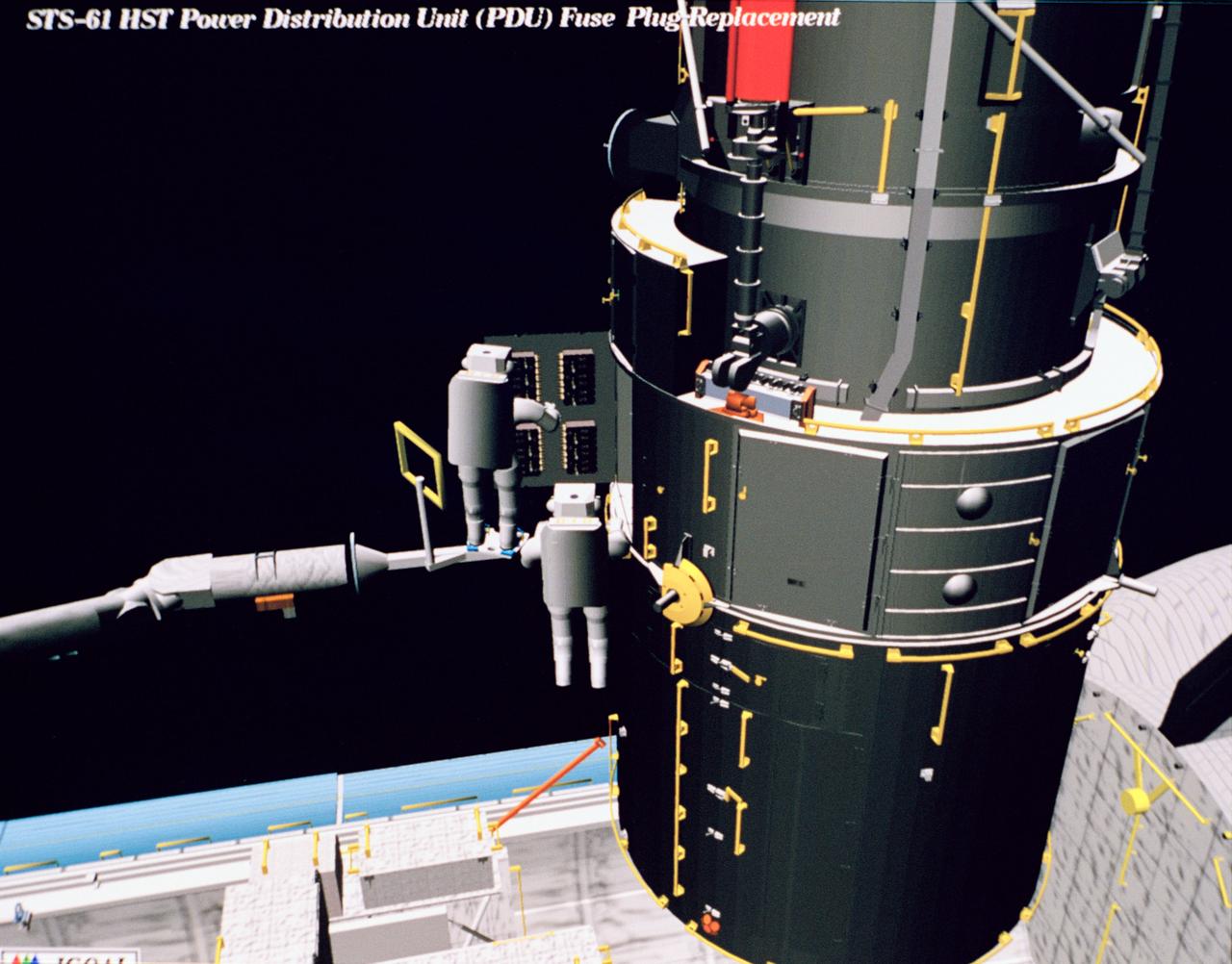 Computer generated scenes depicting the Hubble Space Telescope capture and a sequence of planned events on the planned extravehicular activity (EVA). Scenes include the Remote Manipulator System (RMS) arm assisting two astronauts changing out the Wide Field/Planetary Camera (WF/PC) (48699); RMS arm assisting in the temporary mating of the orbiting telescope to the flight support system in Endeavour's cargo bay (48700); Endeavour's RMS arm assisting in the "capture" of the orbiting telescope (48701); Two astronauts changing out the telescope's coprocessor (48702); RMS arm assistign two astronauts replacing one of the telescope's electronic control units (48703); RMS assisting two astronauts replacing the fuse plugs on the telescope's Power Distribution Unit (PDU) (48704); The telescope's High Resolution Spectrograph (HRS) kit is depicted in this scene (48705); Two astronauts during the removal of the high speed photometer and the installation of the COSTAR instrument (48706); Two astronauts, standing on the RMS, during installation of one of the Magnetic Sensing System (MSS) (48707); High angle view of the orbiting Space Shuttle Endeavour with its cargo bay doors open, revealing the bay's pre-capture configuration. Seen are, from the left, the Solar Array Carrier, the ORU Carrier and the flight support system (48708); Two astronauts performing the replacement of HST's Rate Sensor Units (RSU) (48709); The RMS arm assisting two astronauts with the replacement of the telescope's solar array panels (48710); Two astronauts replacing the telescope's Solar Array Drive Electronics (SADE) (48711).