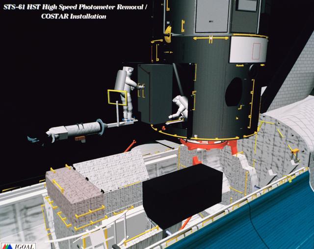 Computer-generated scenes depicting the HST capture and EVA repair mission