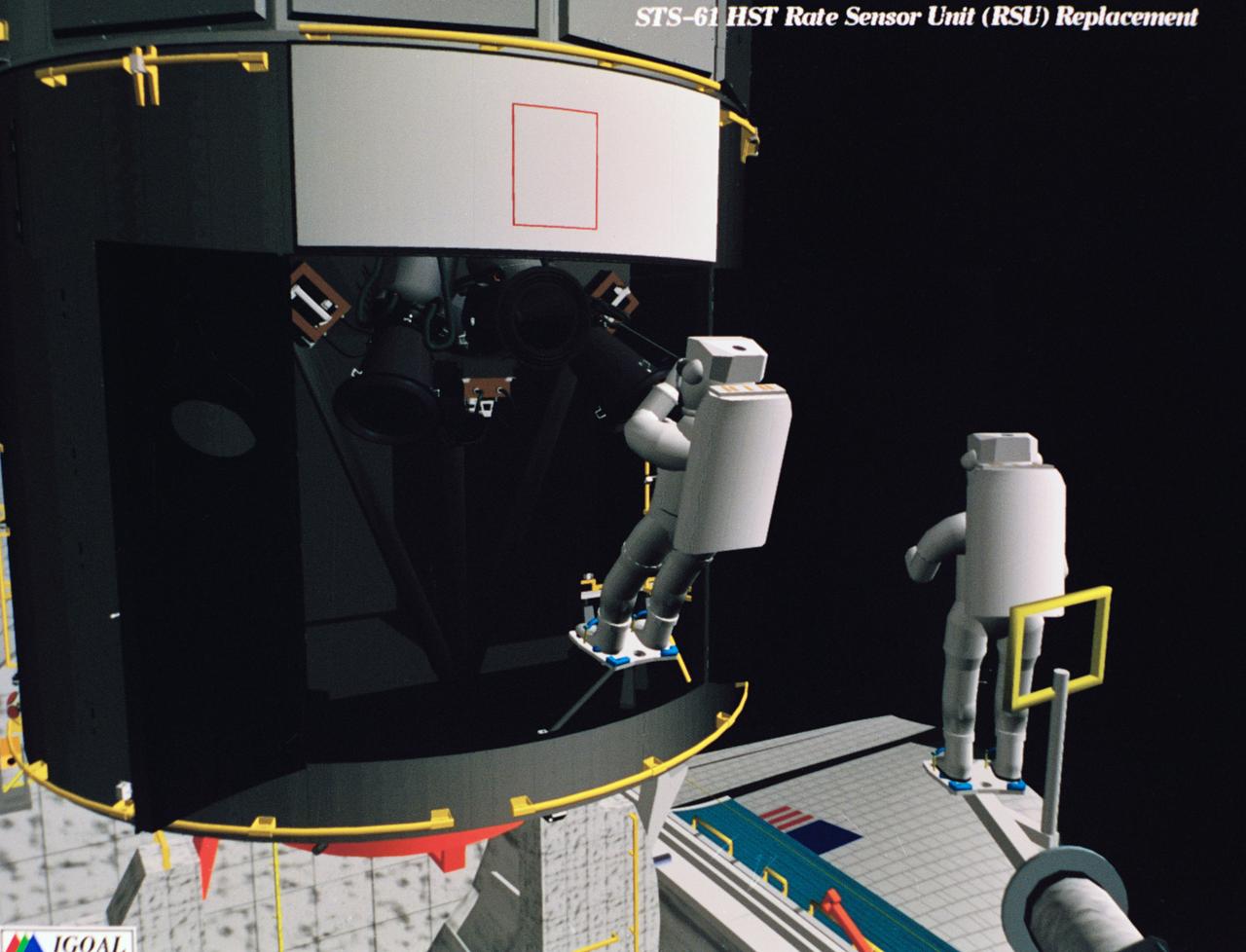 Computer generated scenes depicting the Hubble Space Telescope capture and a sequence of planned events on the planned extravehicular activity (EVA). Scenes include the Remote Manipulator System (RMS) arm assisting two astronauts changing out the Wide Field/Planetary Camera (WF/PC) (48699); RMS arm assisting in the temporary mating of the orbiting telescope to the flight support system in Endeavour's cargo bay (48700); Endeavour's RMS arm assisting in the "capture" of the orbiting telescope (48701); Two astronauts changing out the telescope's coprocessor (48702); RMS arm assistign two astronauts replacing one of the telescope's electronic control units (48703); RMS assisting two astronauts replacing the fuse plugs on the telescope's Power Distribution Unit (PDU) (48704); The telescope's High Resolution Spectrograph (HRS) kit is depicted in this scene (48705); Two astronauts during the removal of the high speed photometer and the installation of the COSTAR instrument (48706); Two astronauts, standing on the RMS, during installation of one of the Magnetic Sensing System (MSS) (48707); High angle view of the orbiting Space Shuttle Endeavour with its cargo bay doors open, revealing the bay's pre-capture configuration. Seen are, from the left, the Solar Array Carrier, the ORU Carrier and the flight support system (48708); Two astronauts performing the replacement of HST's Rate Sensor Units (RSU) (48709); The RMS arm assisting two astronauts with the replacement of the telescope's solar array panels (48710); Two astronauts replacing the telescope's Solar Array Drive Electronics (SADE) (48711).