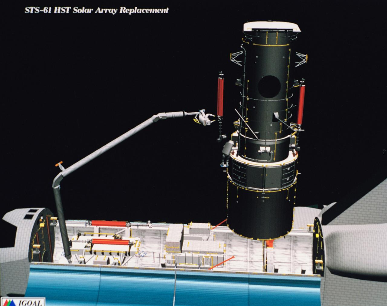 Computer generated scenes depicting the Hubble Space Telescope capture and a sequence of planned events on the planned extravehicular activity (EVA). Scenes include the Remote Manipulator System (RMS) arm assisting two astronauts changing out the Wide Field/Planetary Camera (WF/PC) (48699); RMS arm assisting in the temporary mating of the orbiting telescope to the flight support system in Endeavour's cargo bay (48700); Endeavour's RMS arm assisting in the "capture" of the orbiting telescope (48701); Two astronauts changing out the telescope's coprocessor (48702); RMS arm assistign two astronauts replacing one of the telescope's electronic control units (48703); RMS assisting two astronauts replacing the fuse plugs on the telescope's Power Distribution Unit (PDU) (48704); The telescope's High Resolution Spectrograph (HRS) kit is depicted in this scene (48705); Two astronauts during the removal of the high speed photometer and the installation of the COSTAR instrument (48706); Two astronauts, standing on the RMS, during installation of one of the Magnetic Sensing System (MSS) (48707); High angle view of the orbiting Space Shuttle Endeavour with its cargo bay doors open, revealing the bay's pre-capture configuration. Seen are, from the left, the Solar Array Carrier, the ORU Carrier and the flight support system (48708); Two astronauts performing the replacement of HST's Rate Sensor Units (RSU) (48709); The RMS arm assisting two astronauts with the replacement of the telescope's solar array panels (48710); Two astronauts replacing the telescope's Solar Array Drive Electronics (SADE) (48711).