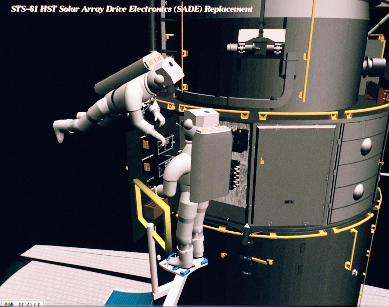 Computer generated scenes depicting the Hubble Space Telescope capture and a sequence of planned events on the planned extravehicular activity (EVA). Scenes include the Remote Manipulator System (RMS) arm assisting two astronauts changing out the Wide Field/Planetary Camera (WF/PC) (48699); RMS arm assisting in the temporary mating of the orbiting telescope to the flight support system in Endeavour's cargo bay (48700); Endeavour's RMS arm assisting in the "capture" of the orbiting telescope (48701); Two astronauts changing out the telescope's coprocessor (48702); RMS arm assistign two astronauts replacing one of the telescope's electronic control units (48703); RMS assisting two astronauts replacing the fuse plugs on the telescope's Power Distribution Unit (PDU) (48704); The telescope's High Resolution Spectrograph (HRS) kit is depicted in this scene (48705); Two astronauts during the removal of the high speed photometer and the installation of the COSTAR instrument (48706); Two astronauts, standing on the RMS, during installation of one of the Magnetic Sensing System (MSS) (48707); High angle view of the orbiting Space Shuttle Endeavour with its cargo bay doors open, revealing the bay's pre-capture configuration. Seen are, from the left, the Solar Array Carrier, the ORU Carrier and the flight support system (48708); Two astronauts performing the replacement of HST's Rate Sensor Units (RSU) (48709); The RMS arm assisting two astronauts with the replacement of the telescope's solar array panels (48710); Two astronauts replacing the telescope's Solar Array Drive Electronics (SADE) (48711).