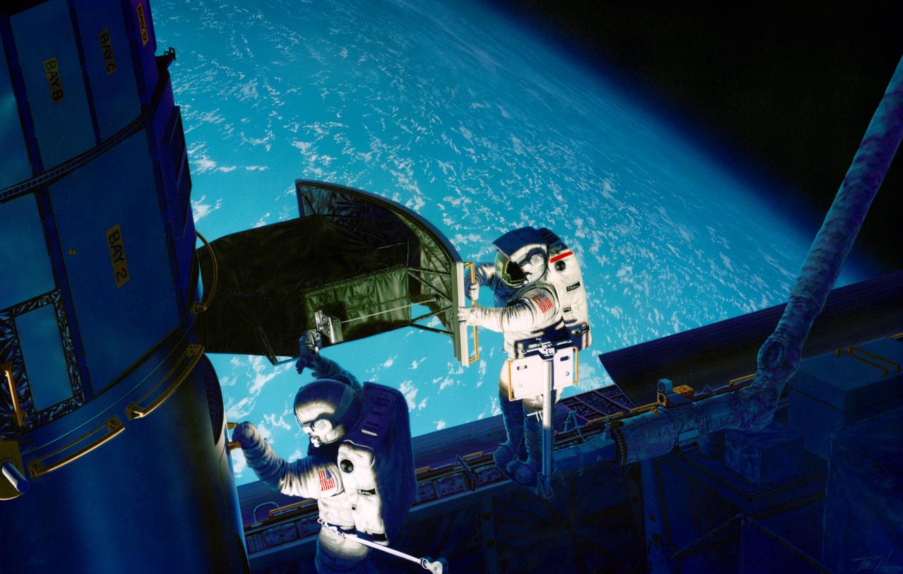 S93-48826 (November 1993) --- This artist's rendition of the 1993 Hubble Space Telescope (HST) servicing mission shows astronauts installing the new Wide Field/Planetary Camera (WF/PC 2). The instruments to replace the original camera and contains corrective optics that compensate for the telescope's flawed primary mirror. During the 11-plus day mission, astronauts are also scheduled to install the Corrective Optics Space Telescope Axial Replacement (COSTAR) -- an optics package that focuses and routes light to the other three instruments aboard the observatory -- a new set of solar array panels, and other hardware and components.  The artwork was done for JPL by Paul Hudson.
