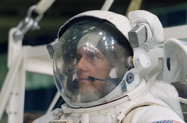 NASA image: STS-65 Mission Specialist Thomas in EMU prepares for WETF contingency EVA