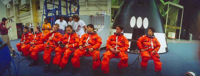 NASA image: STS-65 Columbia, OV-102, IML-2 crew during egress training in MAIL Bldg 9NE