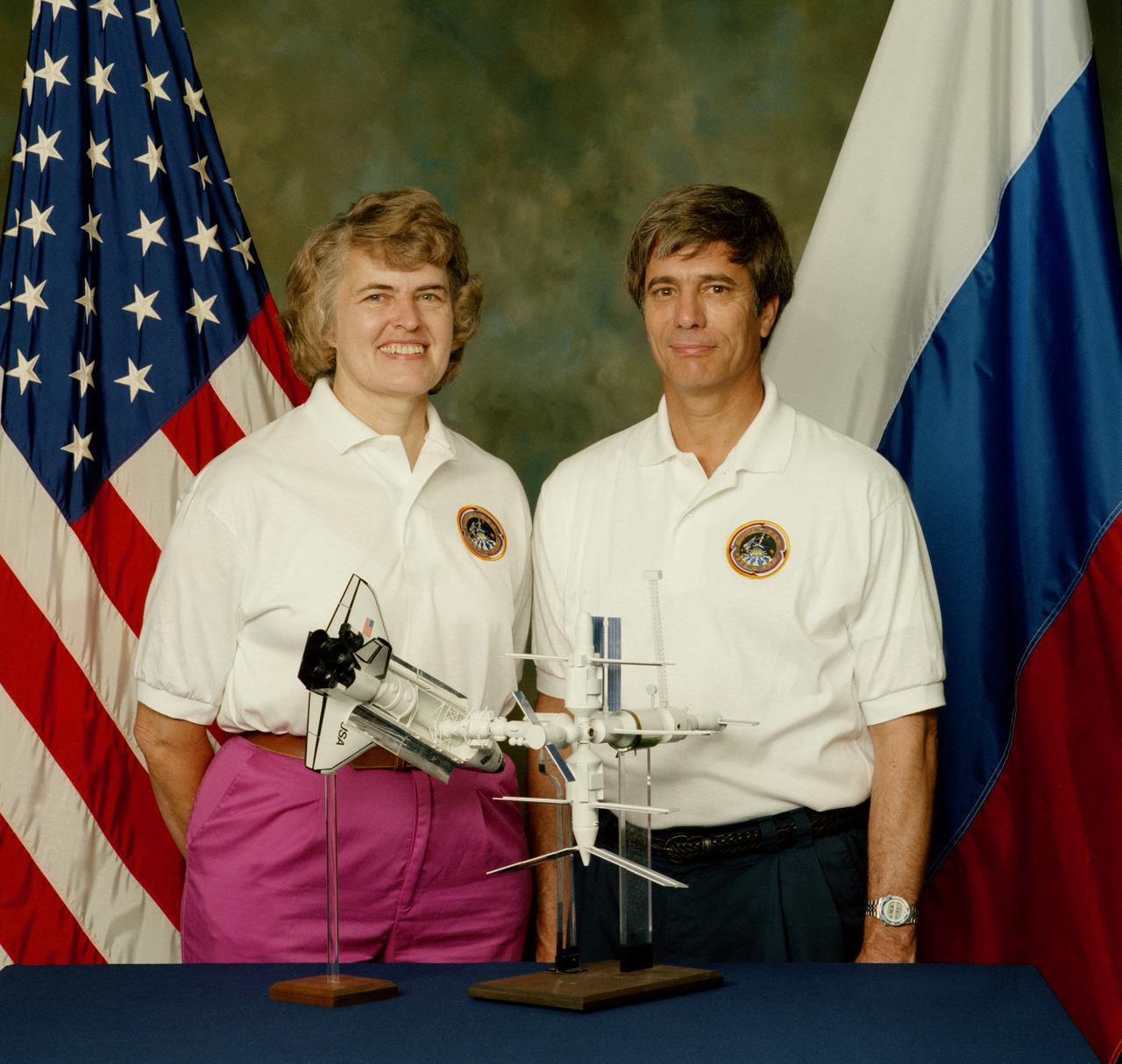S95-16678 (September 1995) --- NASA astronauts Shannon W. Lucid and John E. Blaha next year will follow the lead of astronaut Norman E. Thagard's 1995 feat of extended stay aboard Russia's Mir Space Station. Lucid is to accompany the STS-76 crew in March and spend a little over four months aboard Mir before returning to Earth with the STS-79 crew.  Blaha will go into space on the scheduled August mission of STS-79 and after four months aboard Mir will return to Earth with the STS-81 crew.
