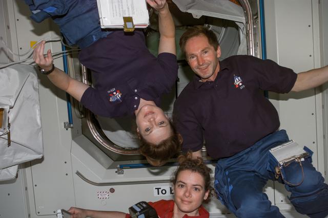 NASA image: Tamara Jernigan, Valeri Tokarev and Julie Payette pose for photo in Node 1/Unity module