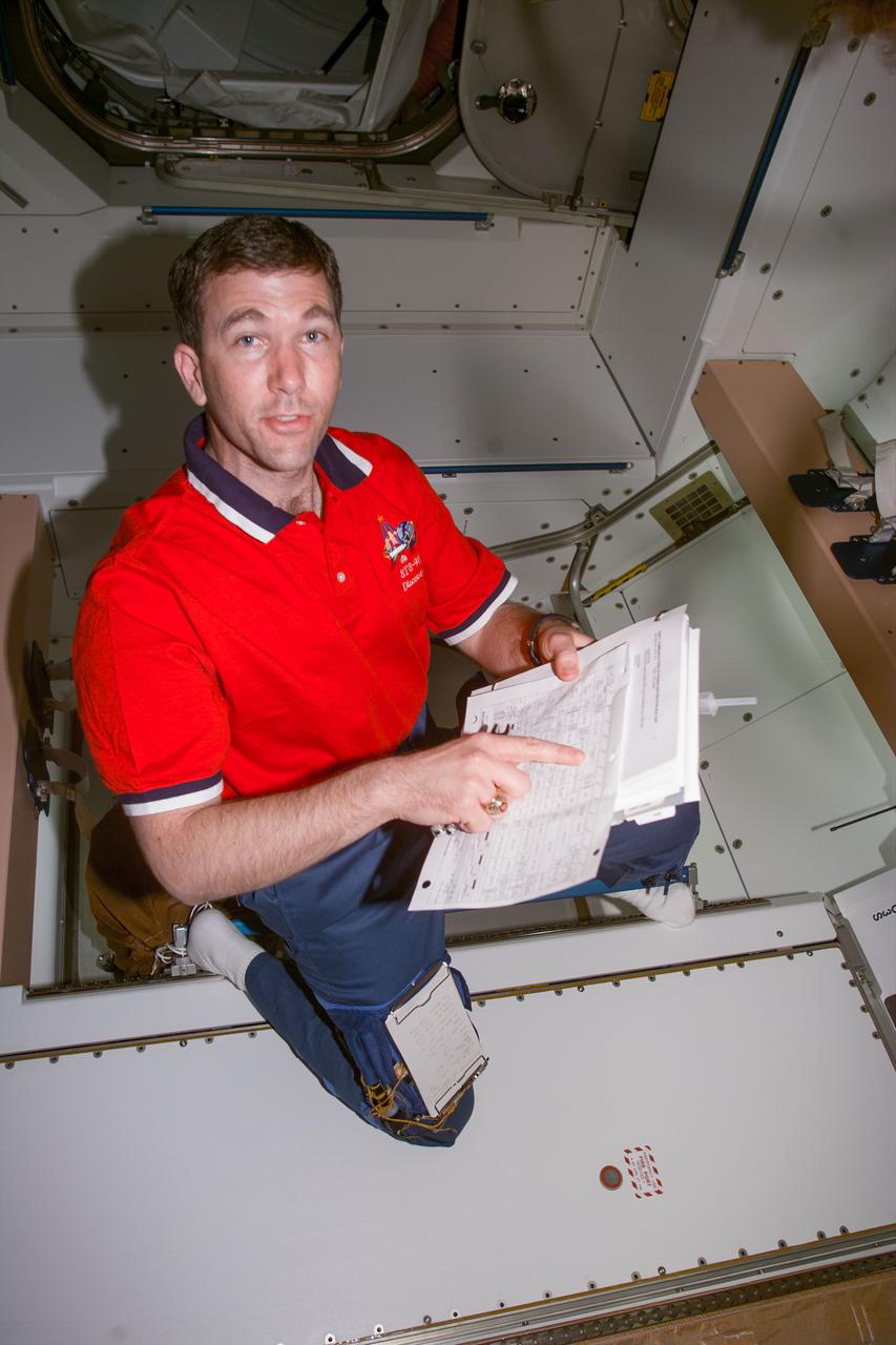 S96-E-5081 (31 May 1999) --- Astronaut Rick D. Husband, pilot, looks over a checklist of tasks to be performed inside Unity on Flight Day 5. The photo was recorded with an electronic still camera (ESC) at 01:54:45 GMT, May 31, 1999.