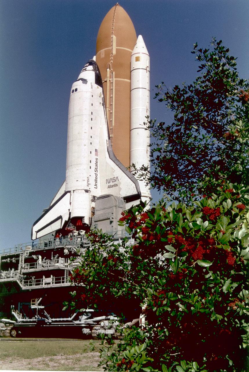 S97-00249 (10 Dec. 1996) --- Having departed the giant Vehicle Assembly Building (VAB), the space shuttle Atlantis slowly moves out to Launch Pad 39B along the Crawlerway. Atlantis is scheduled to liftoff Jan. 12 on STS-81, the first dhuttle mission of 1997. The planned nine-day flight will include the fifth Shuttle-Mir docking.