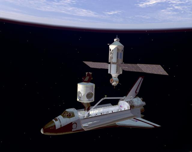NASA image: Art concept, line drawing and Service Module of the ISS