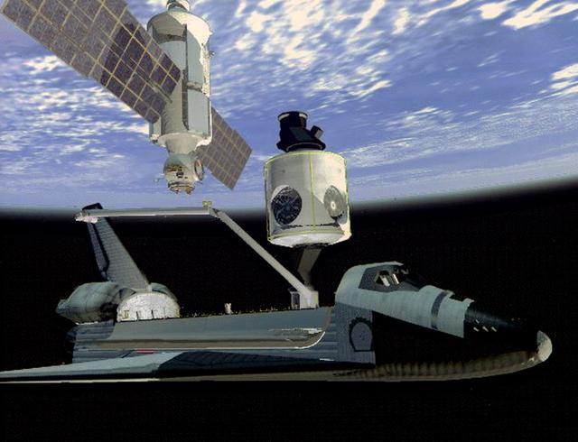 NASA image: Art concept of STS-88 RMS capture of the FGB