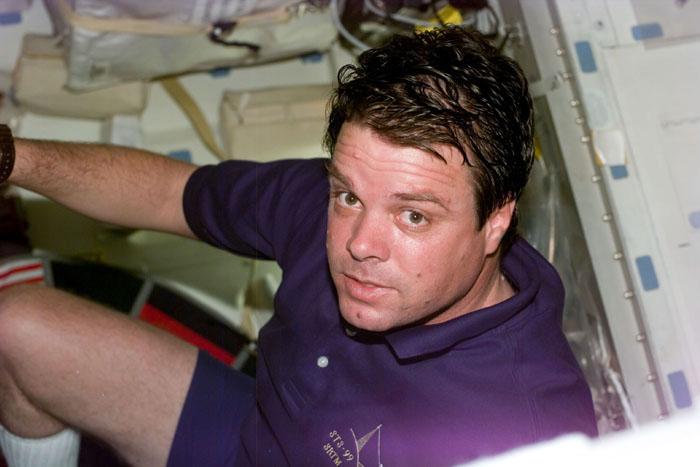 S99-E-5719 (18 February 2000) --- Astronaut Kevin R. Kregel, mission commander, on the mid deck of the Space Shuttle Endeavour. A series of electronic stills was taken of the STS-99 indiviaul crew members on the day they got the good news from flight controllers in Houston that Shuttle Radar Topograpy Mission (SRTM) mapping time had been extended.