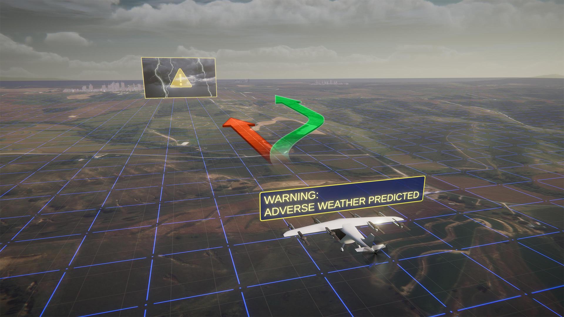 This concept art represents how the addition of automated technologies on the aircraft like hazard avoidance could help. The image shows an aircraft in flight over land with a warning that says WARNING: ADVERSE WEATHER PREDICTED and shows a red arrow on the current path but a green arrow on the detour path.