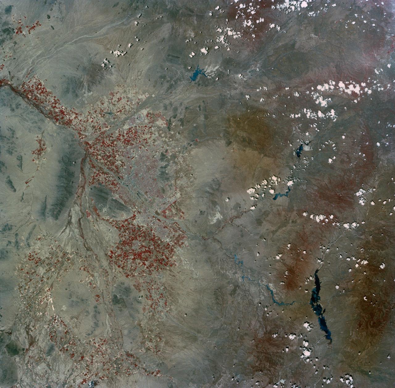 SL2-03-200 (22 June 1973) --- The city of Phoenix, AZ (33.5N, 112.0W) can be seen in good detail in this color infrared scene. Situated among truck crop agriculture fields, the color infrared photo depicts the vegetated fields as shades of red making the agriculture stand out in this desert environment. To the east, Lake Theodore Roosevelt and dam can be easily seen. Photo credit: NASA
