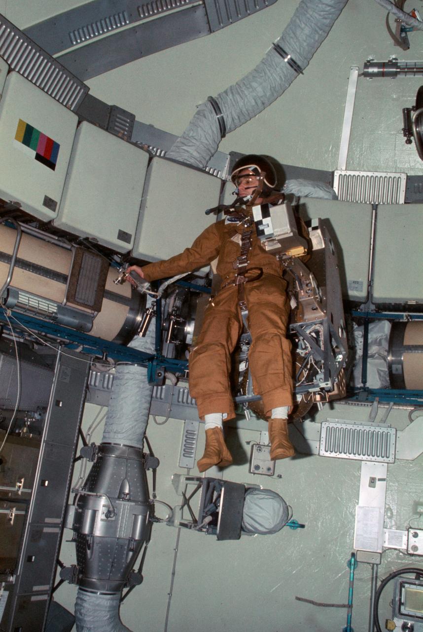 SL3-107-1215 (27 Aug. 1973) --- Astronaut Alan L. Bean, Skylab 3 commander, flies the M509 Astronaut Maneuvering Equipment in the forward dome area of the Orbital Workshop (OWS) on the space station cluster in Earth orbit. One of his fellow crewmen took this photograph with a 35mm Nikon camera. Bean is strapped into the back mounted, hand-controlled Automatically Stabilized Maneuvering Unit (ASMU). The dome area is about 22 feet in diameter and 19 feet from top to bottom. Photo credit: NASA