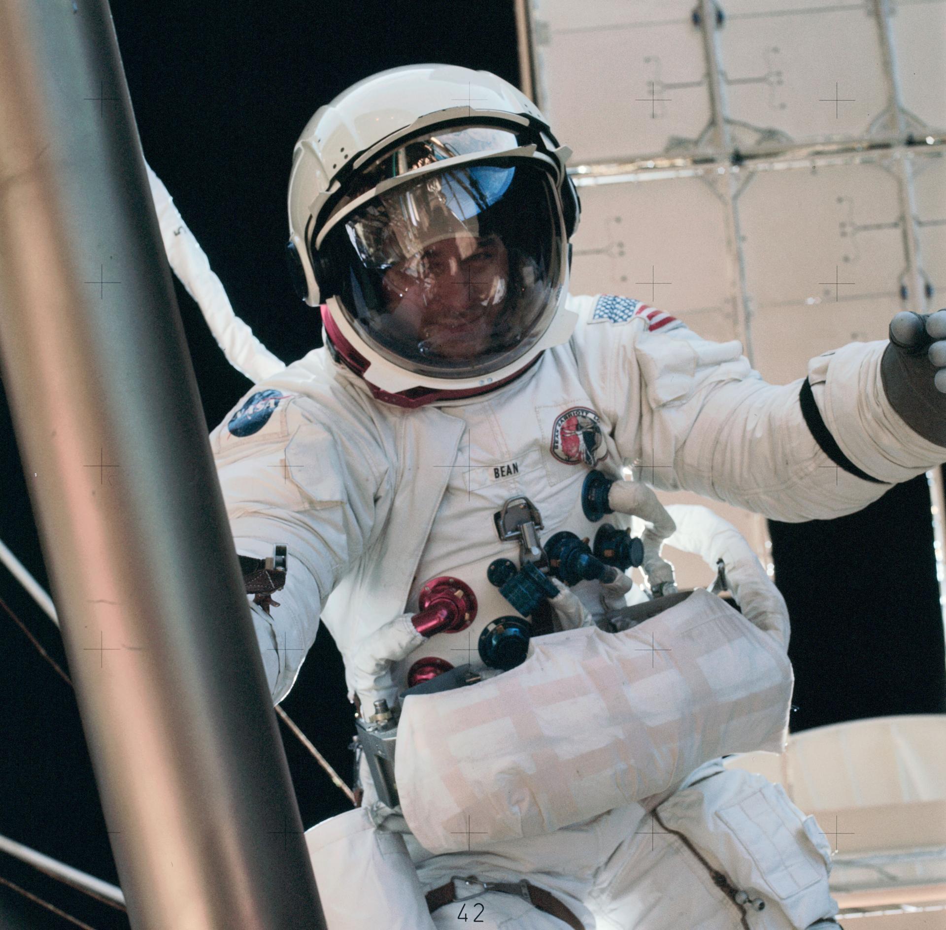 Astronaut Alan Bean performs a spacewalk on Skylab.