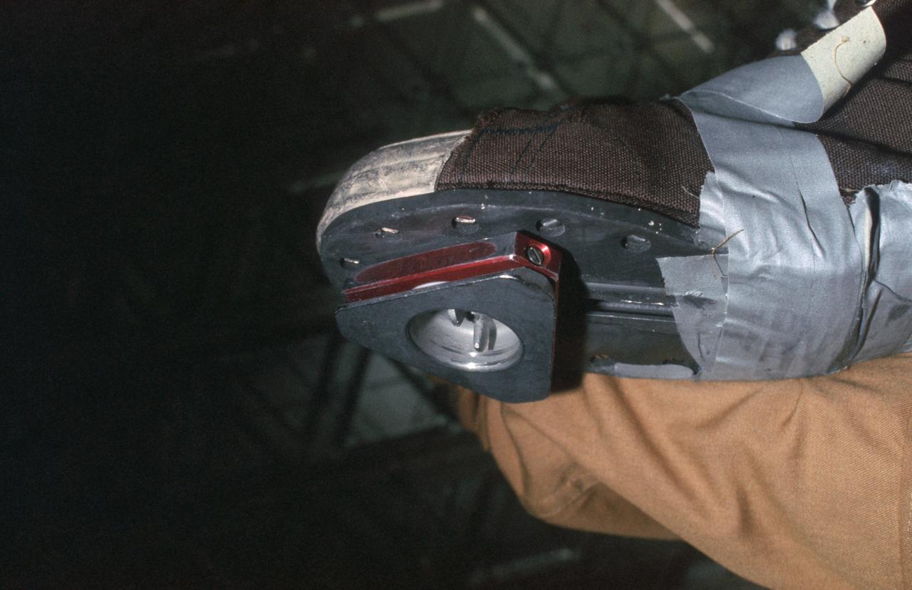SL4-149-5036 (February 1974) --- View of triangle-shaped cleat taped on the bottom of a shoe of a Skylab 4 crew member. Photo credit: NASA