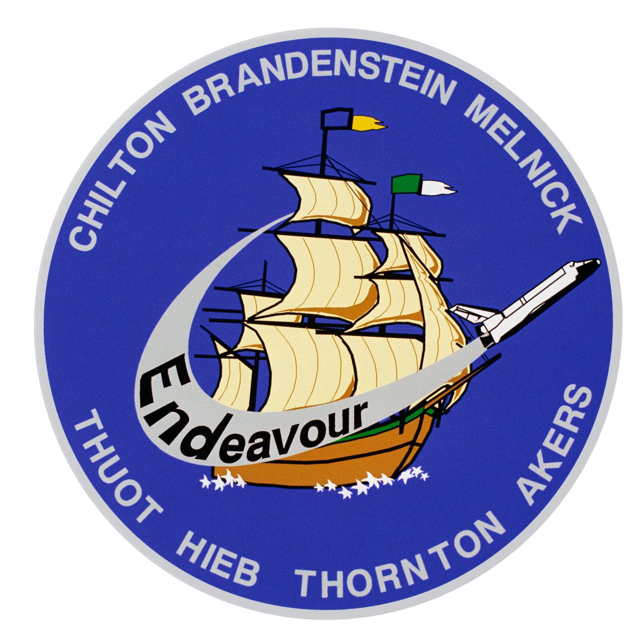 STS049-S-001 (March 1991) --- The patch, designed by its crew members, captures spaceflight's spirit of exploration which has its origins in the early seagoing vessels that explored the uncharted reaches of Earth and its oceans. The ship depicted on the patch is HMS Endeavour, the sailing vessel which Captain James Cook commanded on his first scientific expedition to the South Pacific. Just as Captain Cook engaged in unprecedented feats of exploration during his voyage, on the space shuttle Endeavour's maiden flight, its crew will expand the horizons of space operations with an unprecedented rendezvous and series of three spacewalks. During three consecutive days of extravehicular activity (EVA), the crew will conduct one spacewalk to retrieve, repair and deploy the Intelsat IV-F3 communications satellite, and two additional EVA's to evaluate potential Space Station Freedom assembly concepts. The flags flying high on Endeavour's masts wear the colors of the two schools that won the nationwide contest when Endeavour was chosen as the name of NASA's newest space shuttle: Senatobia (Mississippi) Middle School and Tallulah Falls (Georgia) School. The NASA insignia design for space shuttle flights is reserved for use by the astronauts and for other official use as the NASA Administrator may authorize. Public availability has been approved only in the form of illustrations by the various news media. When and if there is any change in this policy, which is not anticipated, it will be publicly announced. Photo credit: NASA