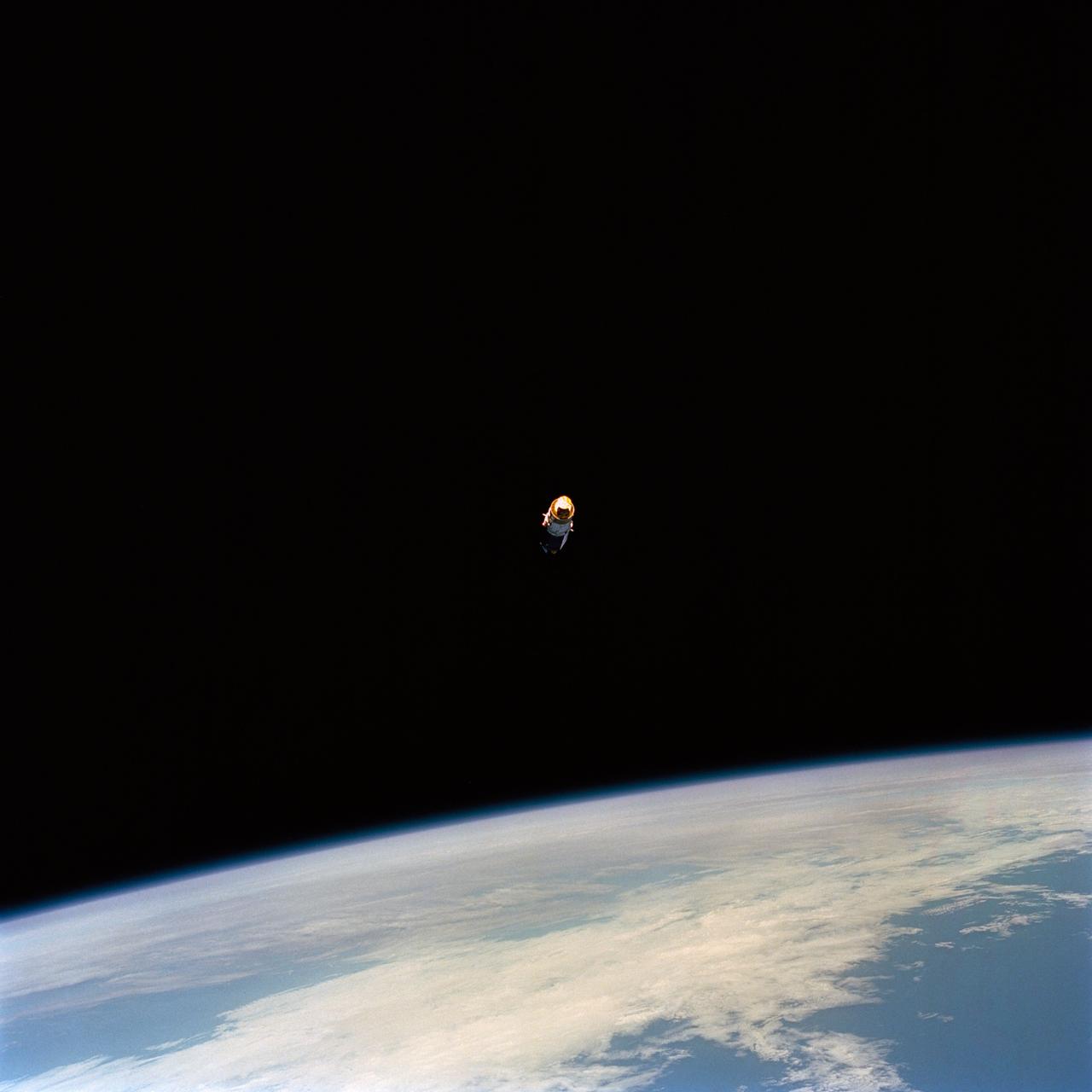 STS054-71-087 (13 Jan 1993) --- The Tracking and Data Relay Satellite (TDRS) is backdropped against the blackness of space, minutes after its release from the Space Shuttle Endeavour.  Onboard NASA's newest Shuttle for the six-day mission are astronauts John H. Casper, mission commander; Donald R. McMonagle, pilot; and Mario Runco Jr., Gregory J. Harbaugh and Susan J. Helms, mission specialists.  The photograph was taken with a 70mm camera.
