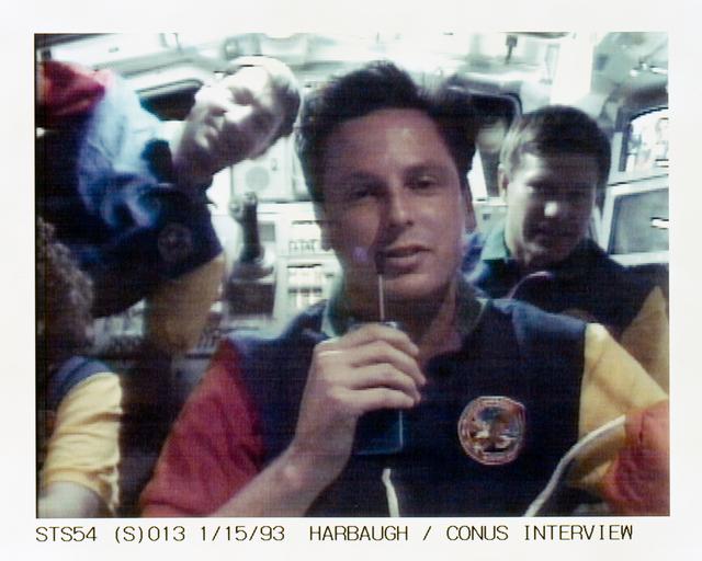 NASA image: STS-54 MS2 Harbaugh talks to radio station from OV-105's aft flight deck