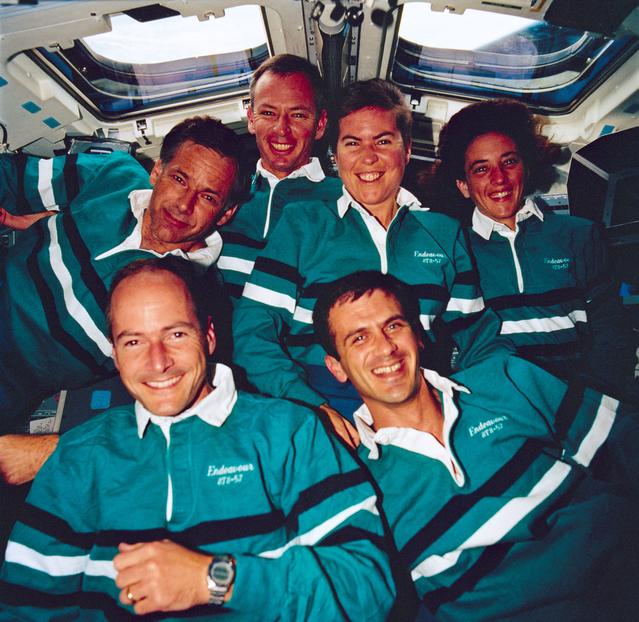 NASA image: STS-57 traditional onboard crew portrait on flight deck of Endeavour, OV-105