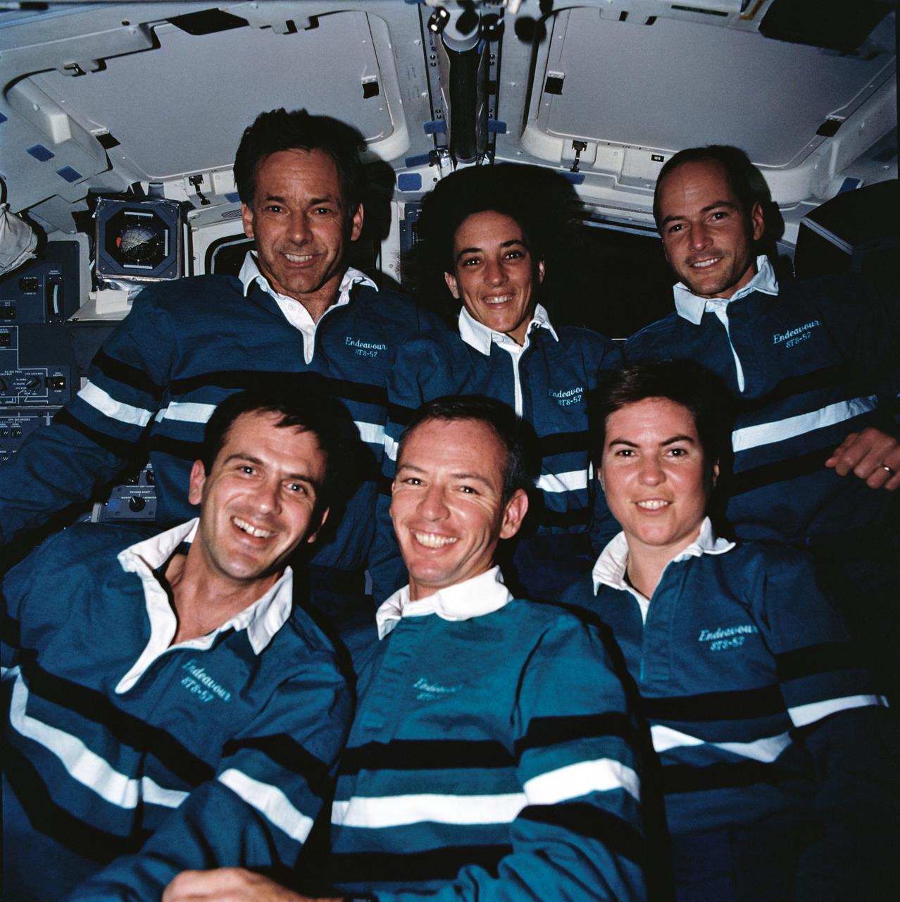 STS057-94-017 (21 June - 1 July 1993) --- Six astronauts onboard the Space Shuttle Endeavour pose for the traditional inflight crew portrait on the aft flight deck.  In the rear (left to right) are astronauts Ronald J. Grabe, mission commander; Nancy J. Sherlock, mission specialist; and G. David Low, payload commander; in front (left to right), Peter J. K. (Jeff) Wisoff, mission specialist; Brian Duffy, pilot; and Janice E. Voss, mission specialist.