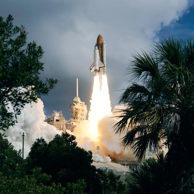 NASA image: STS-57 Endeavour, OV-105, framed by Florida vegetation, lifts off from KSC LC