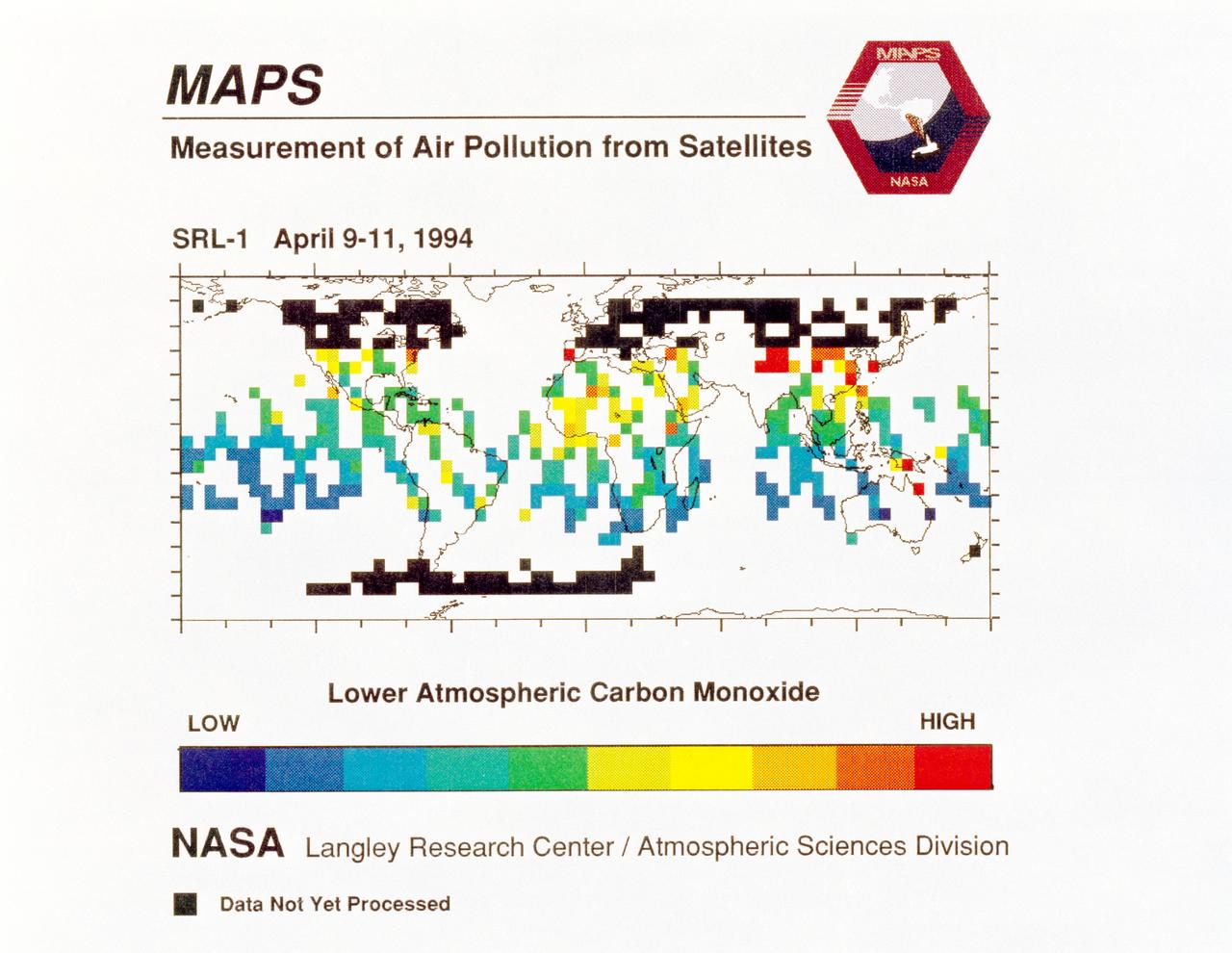 STS059-S-040 (12 April 1994) --- STS-59's MAPS (Measurement of Air Pollution from Satellites) experiment is sending real-time data that provides the most comprehensive view of carbon monoxide concentrations on Earth ever recorded.  This computer image shows a summary of "quick look" data obtained by the MAPS instrument during its first days of operations as part of the Space Shuttle Endeavour's SRL-1 payload.  This data will be processed using more sophisticated techniques following the flight.  The color red indicates areas with the highest levels of carbon monoxide.  These Northern Hemisphere springtime carbon monoxide values are generally significantly higher than the values found in the Southern Hemisphere.  This is in direct contrast to the data obtained by the MAPS experiment during November 1981 and October 1984, i.e. during Northern Hemisphere fall.  The astronauts aboard Endeavour have seen fires in most of the areas showing higher carbon monoxide values (China, Eastern Australia, and equatorial Africa).  The relationship between the observed fires and the higher carbon monoxide values will be investigated following SRL-1 by combining the MAPS data with meteorological data, surface imagery, and Space Shuttle hand-held photographs.  By the end of SRL-1, MAPS will have acquired data over most of the globe between 57 degrees north and 57 degrees south latitudes.  The entire data set will be carefully analyzed using sophisticated post-flight data processing techniques.  The data will then be applied in a variety of scientific studies concerning chemistry and transport processes in the atmosphere.  The MAPS experiment measures the carbon monoxide in the lower atmosphere.  This gas is produced both as a result of natural processes and as a result of human activities.  The primary human resources of carbon monoxide are automobiles and industry and the burning of plant materials.  The primary natural source is the interaction of sunlight with naturally occurring ozone and water vapor.  The strength of all of these sources changes seasonally.
